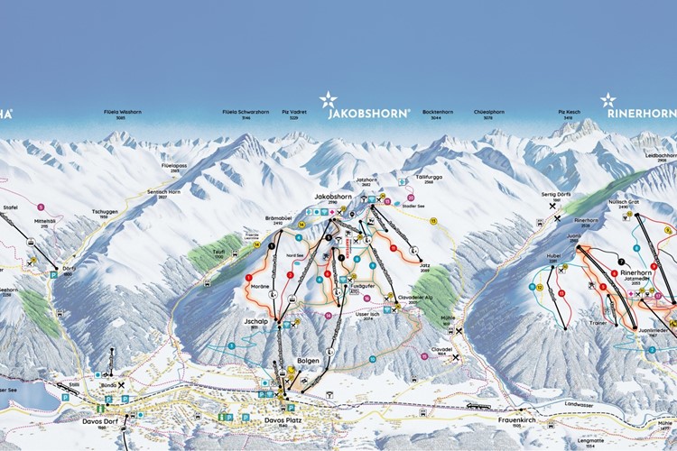 Švýcarsko-Davos-mapa sjezdovek