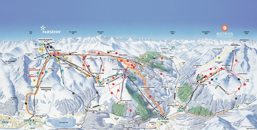 Švýcarsko-Davos-mapa sjezdovek